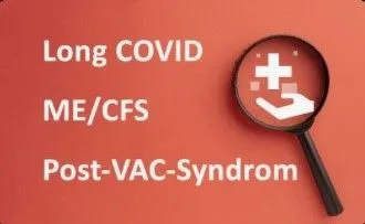 Rote Grafik mit der Aufschrift „Long COVID“, „ME/CFS“ und „Post-VAC-Syndrom“.